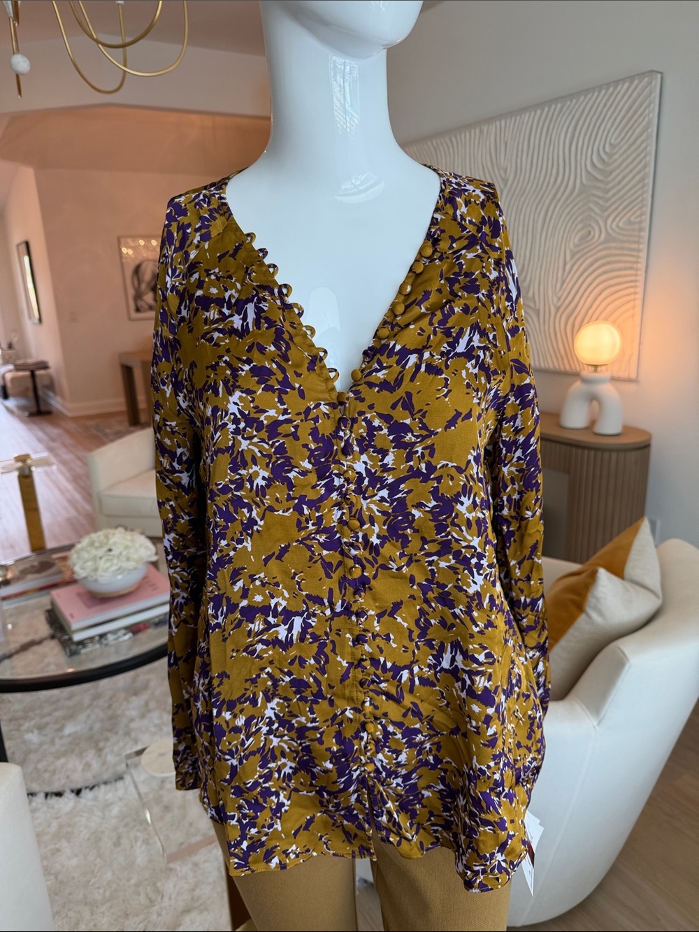 Joie Mustard Floral V-Neck Long-Sleeve Blouse